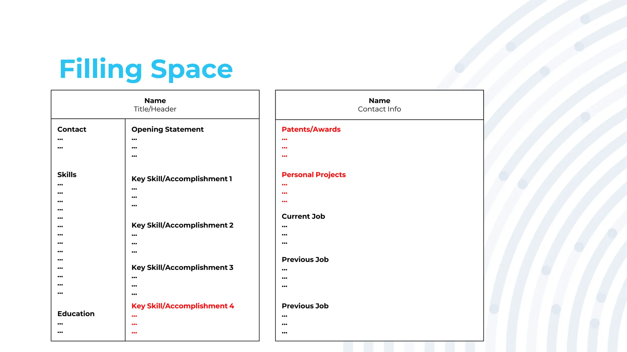 Filling Space
Name
Title/Header
Contact
...
...
Skills
...
...
...
...
...
...
...
...
...
...
...
...
...
...
Education
...
...
Opening Statement
...
...
...
Key Skill/Accomplishment 1
...
...
...
Key Skill/Accomplishment 2
...
...
...
Key Skill/Accomplishment 3
...
...
...
Patents/Awards
...
...
...
Name
Contact Info
Personal Projects
...
...
...
Current Job
...
...
...
Previous Job
...
...
...
Previous Job
...
...
...
Key Skill/Accomplishment 4
...
...
...
 