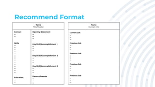 Recommend Format
Name
Title/Header
Contact
...
...
Skills
...
...
...
...
...
...
...
...
...
...
...
...
...
...
Education
...
...
Opening Statement
...
...
...
Key Skill/Accomplishment 1
...
...
...
Key Skill/Accomplishment 2
...
...
...
Key Skill/Accomplishment 3
...
...
...
Patents/Awards
...
...
...
Name
Contact Info
Current Job
...
...
...
Previous Job
...
...
...
Previous Job
...
...
...
Previous Job
...
...
...
Previous Job
...
...
...
 