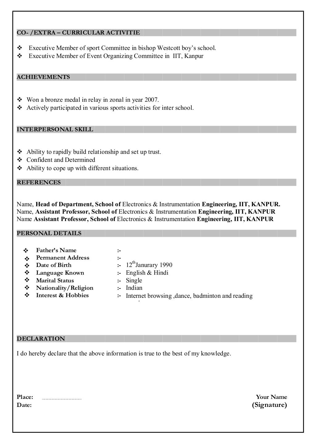 proper format of resume for freshers