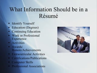 What Information Should be in a Résumé Identify Yourself Education (Degrees) Continuing Education Work or Professional Experience Activities Awards/ Honors/Achievements Extracurricular Activities Certifications/Publications Computer Skills Professional Associations 