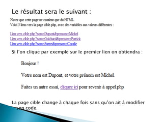 Le résultat sera le suivant :

Si l’on clique par exemple sur le premier lien on obtiendra :

La page cible change à chaque fois sans qu’on ait à modifier
son code.

 
