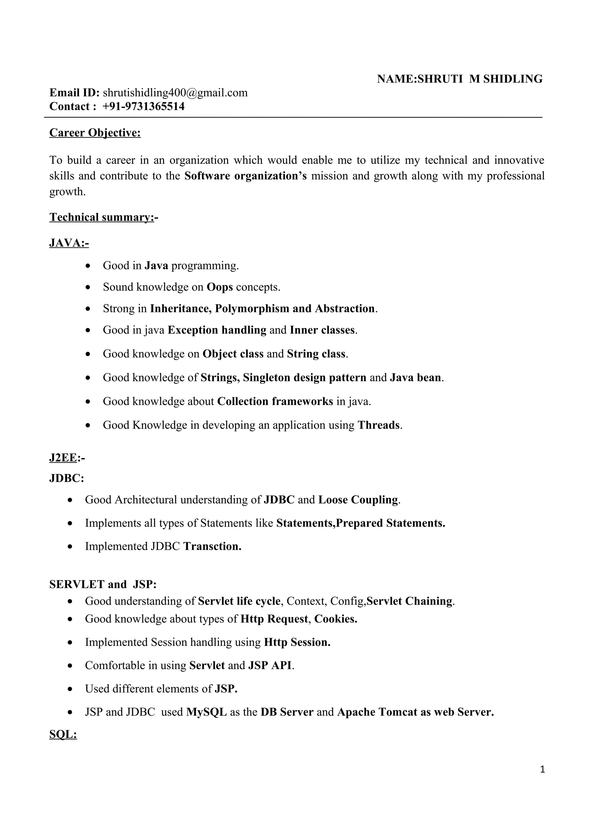 Resume shruti shidling be in cse 2015 completed - Resume Shruti Shidling Be In Cse 2015 Completed Course On Java Jee 1 2048