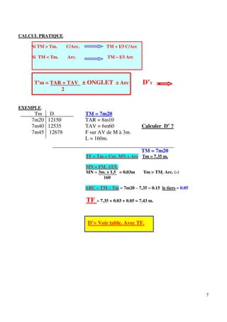 7
CALCUL PRATIQUE.
Si TM > Tm. C/Arc. TM + I/3 C/Arc
Si TM < Tm. Arc. TM – I/3 Arc
T’m = TAR + TAV ± ONGLET ± Arc D’T
2
EXEMPLE.
Tm D TM = 7m20
7m20 12150 TAR = 8m10
7m40 12535 TAV = 6m60 Calculer D’ ?
7m45 12678 F sur AV de M à 3m.
L = 160m.
TM = 7m20
TF = Tm + Cor. MN + Arc Tm = 7.35 m.
MN = FM. ∆T/L
MN = 3m. x 1,5 = 0,03m Tm > TM. Arc. (-)
160
ARC = TM – Tm = 7m20 – 7,35 = 0.15 le tiers.= 0.05
TF = 7.35 + 0.03 + 0.05 = 7.43 m.
D’= Voir table. Avec TF.
 