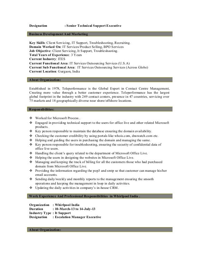 technical support experience resume