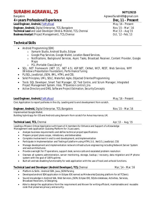 resume surbhi tcs 4 yrs 3 mon exp android developer b tech 2011 1