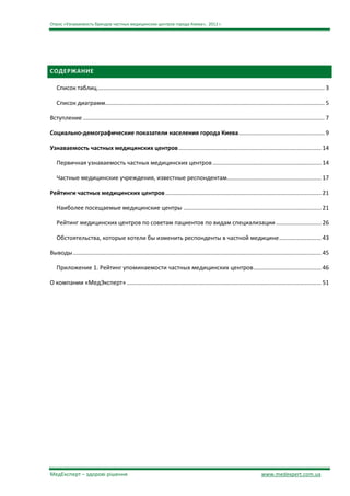 Опрос «Узнаваемость брендов частных медицинских центров города Киева», 2012 г.




СОДЕРЖАНИЕ

   Список таблиц ............................................................................................................................................ 3

   Список диаграмм ....................................................................................................................................... 5

Вступление ..................................................................................................................................................... 7

Социально-демографические показатели населения города Киева ..................................................... 9

Узнаваемость частных медицинских центров ........................................................................................ 14

   Первичная узнаваемость частных медицинских центров ................................................................... 14

   Частные медицинские учреждения, известные респондентам .......................................................... 17

Рейтинги частных медицинских центров ................................................................................................ 21

   Наиболее посещаемые медицинские центры ..................................................................................... 21

   Рейтинг медицинских центров по советам пациентов по видам специализации ............................ 26

   Обстоятельства, которые хотели бы изменить респонденты в частной медицине .......................... 43

Выводы ......................................................................................................................................................... 45

   Приложение 1. Рейтинг упоминаемости частных медицинских центров .......................................... 46

О компании «МедЭксперт» ........................................................................................................................ 51




МедЕксперт – здорові рішення                                                                                               www.medexpert.com.ua
 
