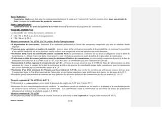 Division de la Législation
25/28
Taxe d’habitation :
Exonération totale aussi bien pour les constructions destinées à la vente qu’à l’exercice de l’activité exonérée et ce, pour une période de
5 ans à compter de la délivrance du permis de construire.
Droits d’enregistrement :
Exonération totale des actes d’acquisition de terrains destinés à la réalisation du programme de construction.
MESURES COMMUNES
Les récentes LF ont institué des mesures communes à :
 l’IS, l’IR, la TVA et aux droits d’enregistrement ;
 l’IS, l’IR et à la TVA.
Mesures communes à l’IS, à l’IR, à la TVA et aux droits d’enregistrement
 Catégorisation des entreprises : institution d’un traitement préférentiel en faveur des entreprises catégorisées qui sont en situation fiscale
régulière ;
 Nouveau mode opératoire en matière de contrôle : mise en place de la vérification ponctuelle de la comptabilité, en instituant la possibilité
d’un contrôle fiscal ciblé sur un ou plusieurs impôts ou taxes pour une période et/ou une opération ou poste déterminé ;
 Institution de la charte du contribuable soumis au contrôle fiscal, lui permettant de s’informer sur ses droits et obligations avant le début de
la vérification. Le défaut d’envoi de ladite charte avec l’avis de vérification constitue un motif de nullité de la procédure de rectification;
 Unification du délai de recours judiciaire contre les décisions définitives des commissions, en précisant sa computation à partir de la date de
notification de la décision de la CNRF ou de la CLT, aussi bien pour le contribuable que pour l’administration fiscale ;
 Instauration de délais régissant le recours devant les CLT, à l’instar de ce qui est prévu pour la CNRF, en fixant à l’administration un délai
maximum de 4 mois, à compter de la date de notification à celle-ci du pourvoi du contribuable devant ladite commission, pour la transmission
des recours formulés par les contribuables auprès de la CLT ;
 Institution d’un délai minimum de 15 jours pour le président de la CLT, pour inviter les membres de celle-ci aux séances prévues pour
l’examen des litiges et d’un délai maximum de 4 mois pour les secrétaires rapporteurs, pour notifier aux deux parties les décisions de la CLT ;
 Possibilité pour l’administration de contester par voie judiciaire les décisions définitives des commissions locales de taxation (LF 2012)°

Mesures communes à l’IS, à l’IR et à la TVA
 Admission de la compensation comme mode de paiement des impôts par la LF pour l’année 2011 ;
 Institution de deux contributions sociales de solidarité : la contribution sociale de solidarité sur les bénéfices et revenus et la contribution sociale
de solidarité sur la livraison à soi-même de construction. : Ces contributions visent la mobilisation de ressources en faveur des populations
démunies et de renforcer la solidarité sociale (L.F 2013)
Mesures communes à l’IS, à l’IR
 l’obligation de joindre à la déclaration du résultat fiscal nul ou déficitaire un état explicatif de l’origine dudit résultat (LF 2012);
 