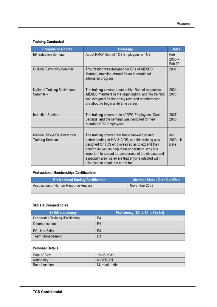 tcs resume format