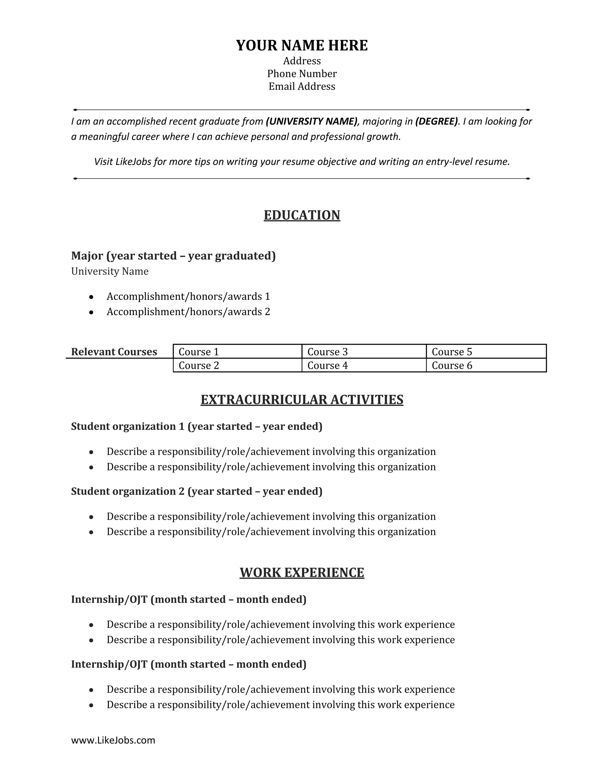 Simple Course Cv Sample Resume Template for Fresh College Graduates and Entry-Level Applicants ...