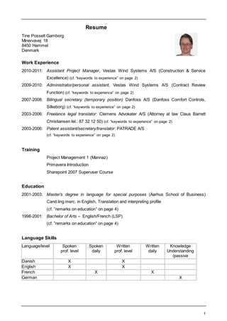1
Resume
Tine Posselt Gamborg
Minervavej 18
8450 Hammel
Denmark
Work Experience
2010-2011: Assistant Project Manager, Vestas Wind Systems A/S (Construction & Service
Excellence) (cf. “keywords to experience” on page 2)
2009-2010: Administrator/personal assistant, Vestas Wind Systems A/S (Contract Review
Function) (cf. “keywords to experience” on page 2)
2007-2008: Bilingual secretary (temporary position) Danfoss A/S (Danfoss Comfort Controls,
Silkeborg) (cf. “keywords to experience” on page 2)
2003-2006: Freelance legal translator: Clemens Advokater A/S (Attorney at law Claus Barrett
Christiansen tel.: 87 32 12 50) (cf. ”keywords to experience” on page 2)
2003-2006: Patent assistant/secretary/translator: PATRADE A/S
(cf. ”keywords to experience” on page 2)
Training
Project Management 1 (Mannaz)
Primavera Introduction
Sharepoint 2007 Superuser Course
Education
2001-2003: Master’s degree in language for special purposes (Aarhus School of Business)
Cand.ling.merc. in English, Translation and interpreting profile
(cf. ”remarks on education” on page 4)
1998-2001: Bachelor of Arts – English/French (LSP)
(cf. ”remarks on education” on page 4)
Language Skills
Language/level Spoken
prof. level
Spoken
daily
Written
prof. level
Written
daily
Knowledge
Understanding
/passive
Danish X X
English X X
French X X
German X
 