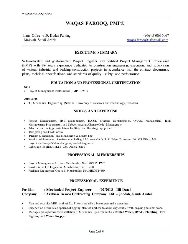 resume waqas farooq project engineer mechanical project engineer resumes