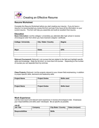 Creating an Effective Resume
________________________________________________________________
Resume Worksheet
Complete this Resume Worksheet before you start creating your resume. If you do have a
resume it is recommended you review this form and see if you have all the information on your
current resume. This form will help you assemble and build an excellent final resume.

Education
Basic Information: List the colleges / universities you attended after high school in reverse
chronological order from which you have received a degree / certificate.

College / University            City / State / Country           Degree



Major                           Dates                            GPA




Relevant Coursework (Optional): List courses that are related to the field and highlight specific
skills and knowledge. Keep the list short, no more than 6-8 courses. Depending on the number
of courses you can separate them by commas.




Class Projects (Optional): List the projects relevant to your chosen field emphasizing, in addition
to project specific skills, teamwork and leadership skills.

Project Name                    Project Duties                   Skills used



Project Name                    Project Duties                   Skills Used




Work Experience
List the most recent and relevant work experience in reverse chronological order. Emphasize
your responsibilities and skills used / developed. Be as specific as possible.

Job #1
Job Title                Company                   City-State / Country     Dates (mo/year)

Responsibilities                                   Skills
 