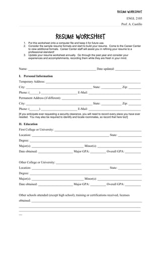 Printables Resume Worksheet resume worksheet next slideshares