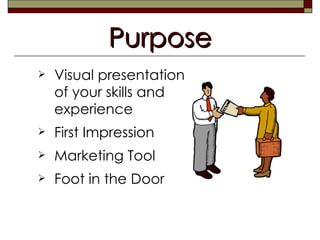 Purpose <ul><li>Visual presentation of your skills and experience </li></ul><ul><li>First Impression </li></ul><ul><li>Mar...