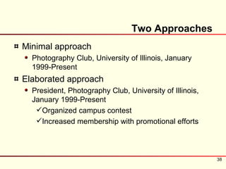 Two Approaches
Minimal approach
  Photography Club, University of Illinois, January
  1999-Present
Elaborated approach
  President, Photography Club, University of Illinois,
  January 1999-Present
   Organized campus contest
   Increased membership with promotional efforts



                                                         38
 