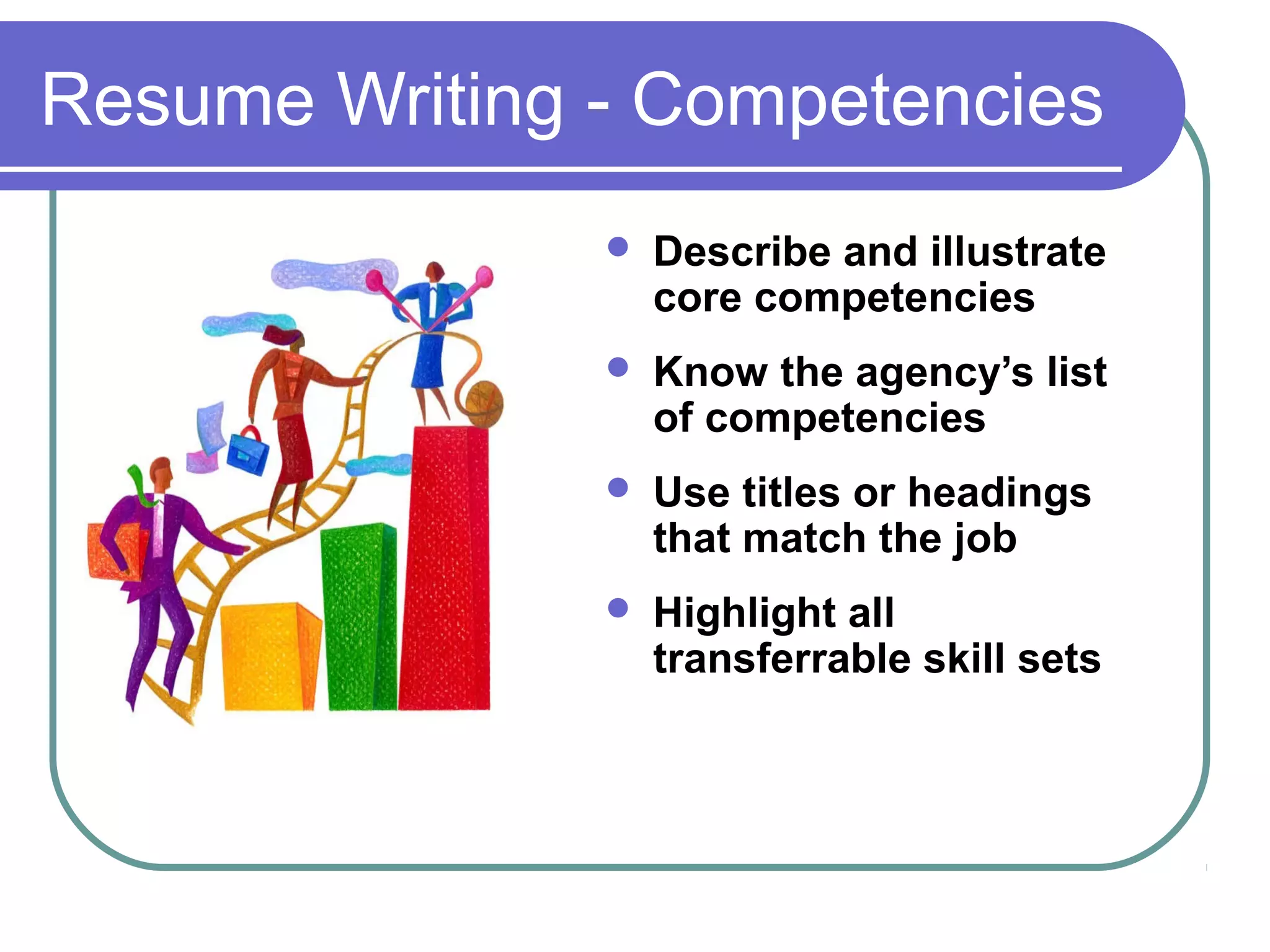 Resume Writing - Competencies


Describe and illustrate
core competencies



Know the agency’s list
of competencies



Use titles or headings
that match the job



Highlight all
transferrable skill sets

 