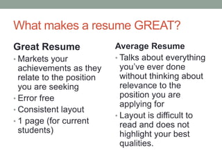 What makes a resume GREAT?
Great Resume
• Markets your
achievements as they
relate to the position
you are seeking
• Error free
• Consistent layout
• 1 page (for current
students)
Average Resume
• Talks about everything
you’ve ever done
without thinking about
relevance to the
position you are
applying for
• Layout is difficult to
read and does not
highlight your best
qualities.
 