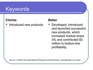 Keywords
Clichés
 Introduced new products
Better
 Developed, introduced
and launched successful
new products, which
increased market share
3% and contributed $3
million to bottom-line
profitability.
Source: 13 Most Overused Résumé Phrases by Rachel Zupek, CareerBuilder.com writer
 