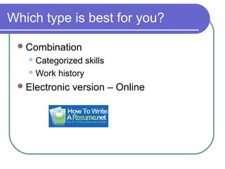 Which type is best for you?
Combination
Categorized skills
Work history
Electronic version – Online
 