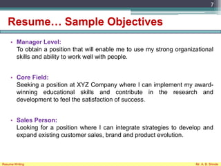 Resume… Sample Objectives
• Manager Level:
To obtain a position that will enable me to use my strong organizational
skills and ability to work well with people.
• Core Field:
Seeking a position at XYZ Company where I can implement my award-
winning educational skills and contribute in the research and
development to feel the satisfaction of success.
• Sales Person:
Looking for a position where I can integrate strategies to develop and
expand existing customer sales, brand and product evolution.
7
Resume Writing Mr. A. B. Shinde
 