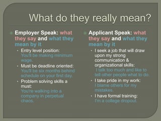    Employer Speak: what               Applicant Speak: what
    they say and what they              they say and what they
    mean by it                          mean by it
    • Entry level position:             • I seek a job that will draw
      You'll be making minimum            upon my strong
      wage.                               communication &
    • Must be deadline oriented:          organizational skills:
      You'll be six months behind          I talk too much and like to
      schedule on your first day.         tell other people what to do.
    • Problem solving skills a          • I take pride in my work:
      must:                               I blame others for my
      You're walking into a               mistakes.
      company in perpetual              • I have formal training:
      chaos.                              I'm a college dropout.
 