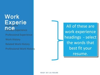 Work
Experie
nce
Experience
Related Experience
Professional Experience
Work History
Related Work History
Professional Work History
List skills
relevant to the
targeted
position.
All of these are
work experience
headings - select
the words that
best fit your
resume.
All of these are
work experience
headings - select
the words that
best fit your
resume.
READY. SET. GO. RESUME
 