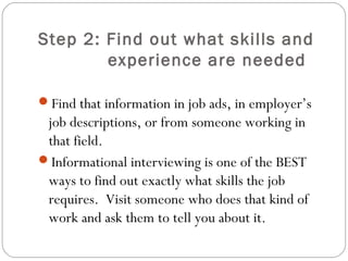 Step 2: Find out what skills and
        experience are needed

Find that information in job ads, in employer’s
 job descriptions, or from someone working in
 that field.
Informational interviewing is one of the BEST
 ways to find out exactly what skills the job
 requires. Visit someone who does that kind of
 work and ask them to tell you about it.
 