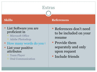 Skills References List Software you are proficient in Microsoft Office Adobe Photoshop How many words do you type a minute? List your positive attributes Team Player Oral Communication References don’t need to be included on your resume Provide them separately and only upon request Include friends Extras 