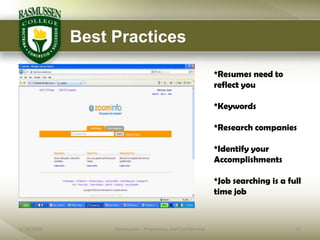Best Practices

                                                            *Resumes need to
                                                            reflect you

                                                            *Keywords

                                                            *Research companies

                                                            *Identify your
                                                            Accomplishments

                                                            *Job searching is a full
                                                            time job



6/18/2009        Rasmussen - Proprietary and Confidential                         15
 