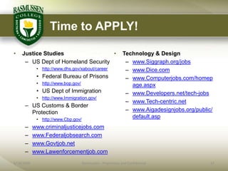 Time to APPLY!

•   Justice Studies                 •                         Technology & Design
     – US Dept of Homeland Security                            – www.Siggraph.org/jobs
             • http://www.dhs.gov/xabout/career                – www.Dice.com
             • Federal Bureau of Prisons                       – www.Computerjobs.com/homep
             • http://www.bop.gov/                               age.aspx
             • US Dept of Immigration                          – www.Developers.net/tech-jobs
             • http://www.Immigration.gov/
                                                               – www.Tech-centric.net
      – US Customs & Border
        Protection                                             – www.Aigadesignjobs.org/public/
             • http://www.Cbp.gov/
                                                                 default.asp
      –     www.criminaljusticejobs.com
      –     www.Federaljobsearch.com
      –     www.Govtjob.net
      –     www.Lawenforcementjob.com
6/18/2009                            Rasmussen - Proprietary and Confidential                 17
 