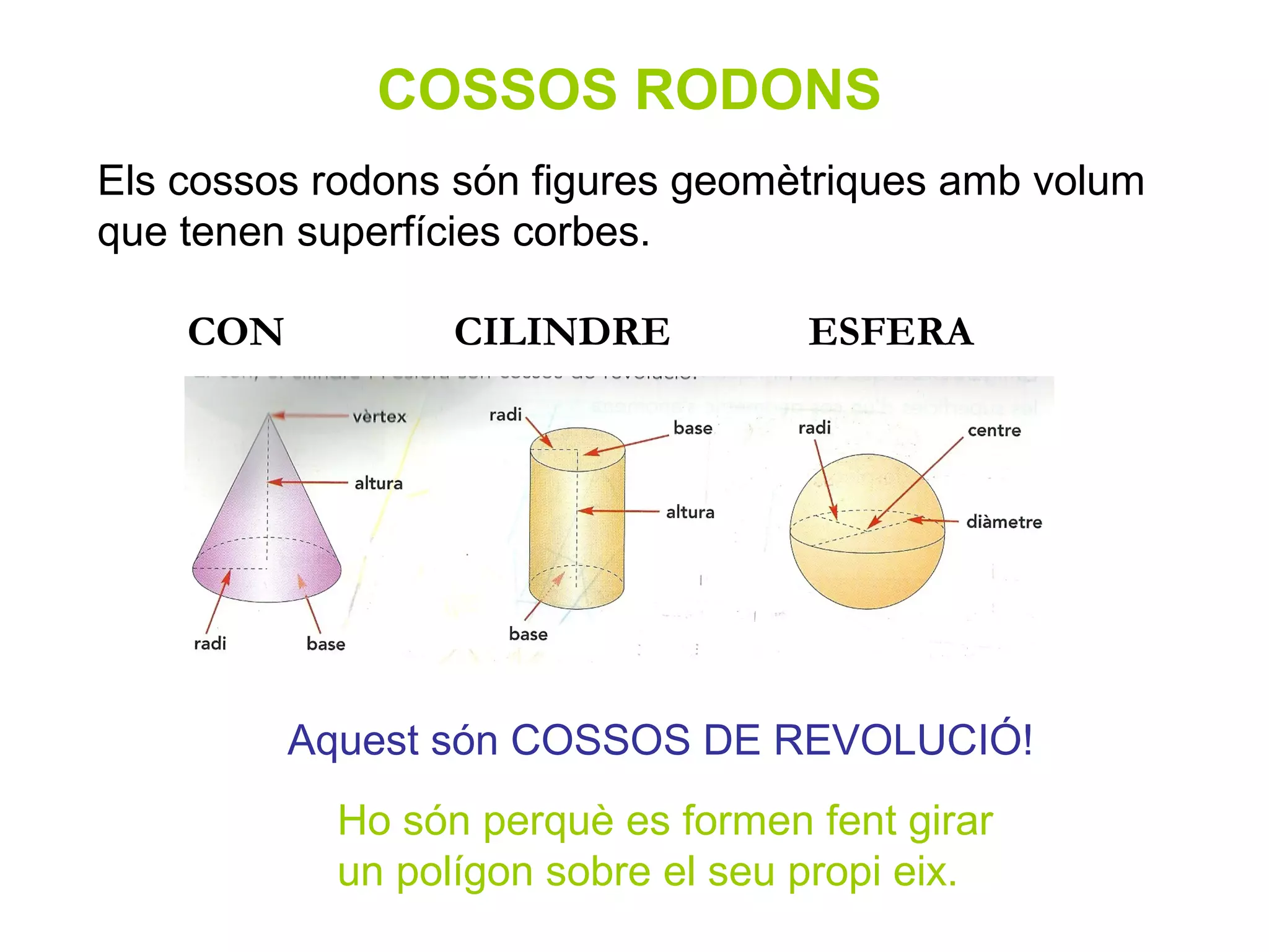 COSSOS RODONS
Els cossos rodons són figures geomètriques amb volum
que tenen superfícies corbes.

    CON           CILINDRE          ESFERA




          Aquest són COSSOS DE REVOLUCIÓ!
            Ho són perquè es formen fent girar
            un polígon sobre el seu propi eix.
 