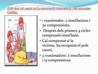 Cicle que cal seguir en la reanimaciórespiratòria i del massatgeCardíac. 1 reanimador: 2 insuflacions i 30 compressions.Desprésdelsprimers 4 cicles compressió-insuflasió, Cal comprovar si la víctima, ha recuperat el polscaroti.2 reanimadors: 2 insuflacions i 15 compressions