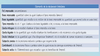 Elements de la declaració tributària
Fet imposable: circumstàncies
Base imposable: quantitat sobre la qual s’aplica el tipus impositiu (diners)
Base liquidable: quantitat que resulta si es resten de la base imposable les quantitats que permet la llei en cada tribut
Tipus impositiu: és el % que s’aplica a la base liquidable o bé, si escau, a la base imposable.
Quota íntegra: és el resultat d’aplicar el tipus impositiu a la base.
Quota líquida: és la quantitat que resulta d’aplicar les bonificacions o els recàrrecs a la quota líquida.
Deute tributari: és la quantitat que s’ha d’ingressar finalment i és el resultat de sumar recàrrecs o sancions.
Subjecte passiu: és la persona natural o jurídica que segons la llei
Contribuent: és la persona física o jurídica sobre la qual recau la càrrega econòmica de l’impost.
Subjecte actiu: és l’Administració que recapta i que es beneficia de l’impost.
 