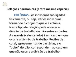 Relações harmônicas (entre mesma espécie) COLÔNIAS   - os indivíduos são ligados fisicamente, ou seja, vários indivíduos formando o conjunto que é a colônia. Neste tipo de relação pode ocorrer a divisão de trabalho ou não entre as partes. A caravela (celenterado) é um caso em que ocorre a divisão de trabalho. Recifes de coral, agrupamentos de bactérias, e o “bolor” do pão, correspondem ao caso em que não ocorre a divisão de trabalho. 
