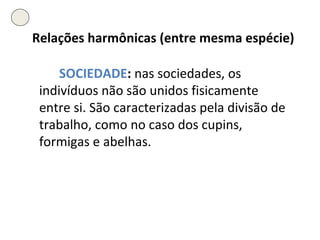 Relações harmônicas (entre mesma espécie) SOCIEDADE :  nas sociedades, os indivíduos não são unidos fisicamente entre si. São caracterizadas pela divisão de trabalho, como no caso dos cupins, formigas e abelhas. 