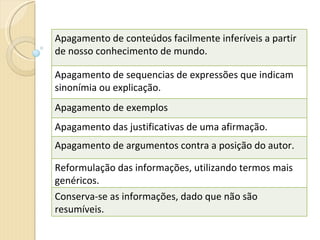Apagamento de conteúdos facilmente inferíveis a partir de nosso conhecimento de mundo. Apa game nto de sequencias de expressões que indicam sinonímia ou explicação. Apagamento de exemplos Apagamento das justificativas de uma afirmação. Apagamento de argumentos contra a posição do autor. Reformulação das informações, utilizando termos mais genéricos. Conserva-se as informações, dado que não são resumíveis. 