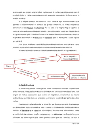 a rocha, pelo que existem uma variedade muito grande de rochas magmáticas, ainda assim é
        possível dividir as rochas magmáticas em dois subgrupos dependendo da forma como o
        magma arrefeceu.
                  Se o magma arrefeceu no interior da crusta terrestre, logo de forma lenta o que
        permite o desenvolvimento de minerais de grandes dimensões, as rochas magmáticas
        denominam-se de intrusivas ou plutónicas. Por seu lado, se o magma chega a superfície e

        como tal passa a denominar-se de lava levando a um arrefecimento rápido (em contato com o
        ar, água ou mesmo gelo) e como tal à formação de minerais de reduzidas dimensões, as rochas
        magmáticas denominam-se de extrusivas ou vulcânicas (pois na maior parte a lava é expulsa

        por vulcões).
                  Estas rochas pela forma como são formadas são as primeiras a surgir na Terra, como
        tal todas as outras rochas são diretamente ou indiretamente derivadas destas rochas.
                  De forma resumida a formação das rochas sedimentares decorre da seguinte forma:


                                                                                           Rocha magmática
                                                                                         intrusiva ou plutónica



Magma




                                                                                                        Rocha magmática
                                                      Lava           Arrefecimento rápido
                                                                                                      extrusiva ou vulcânica



                  Rochas Sedimentares

                  Os processos que levam à formação das rochas sedimentares decorrem à superfície da
        crusta terrestre, pelo que estas rochas só se encontram nas camadas superficiais da Terra. Têm
        origem em rochas preexistentes que podem ser magmáticas, metamórficas ou mesmo
        sedimentares, quer isto dizer que uma rocha sedimentar é constituída por partes de outras
        rochas.
                  Para que uma rocha sedimentar se forme têm que decorrer uma série de etapas que
        por vezes podem demorar milhões de anos a concluir. A primeira etapa da formação destas
        rochas é a Meteorização e Erosão da rocha original, processo onde basicamente a rocha

        preexistente é degradada em porções mais pequenas – os sedimentos – sendo posteriormente

        separados da rocha original (este ultimo processo acaba por ser a erosão). De facto a

        __________________________________________________________________________________________________________
                                                                                                       Página 2 de 6
 