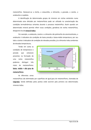 ______________________________________________________________________________________________
Página 11 de 14
metamórfico. Destacam-se a clorite, a estaurolite, a silimanite, a granada, a cianite, a
andaluzite e o epídoto.
A identificação de determinados grupos de minerais em rochas existentes numa
determinada zona afectada por metamorfismo pode ser utilizada na caracterização das
condições termodinâmicas reinantes durante o processo metamórfico. Assim quando um
determinado mineral permite inferir essas condições, geradoras de rochas metamórficas,
designamo-los de .mineral-índice
Por exemplo, a andaluzite, cianite e a silimanite são polimorfos de aluminosilicatos, a
andaluzite é indicadora de condições de baixa pressão e baixa-média temperatura; por seu
lado a cianite é indicadora de condições de elevadas pressões; já a silimanite indica ambientes
de elevadas temperaturas.
Tendo em conta as
condições de temperatura e
pressão que estiveram
presentes na formação de
uma rocha metamórfica
podemos distinguir três
níveis de metamorfismo:
, ebaixo médio alto grau de
.metamorfismo
As diferentes zonas
metamórficas são delimitadas por superfícies de igual grau de metamorfismo, chamadas de
. Sendo definidas pelos pontos onde ocorrem pela primeira vez determinadosisógradas
minerais índice.
 