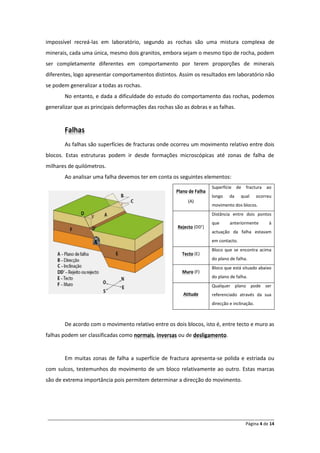 impossível recreá-las em laboratório, segundo as rochas são uma mistura complexa de
minerais, cada uma única, mesmo dois granitos, embora sejam o mesmo tipo de rocha, podem
ser completamente diferentes em comportamento por terem proporções de minerais
diferentes, logo apresentar comportamentos distintos. Assim os resultados em laboratório não
se podem generalizar a todas as rochas.
       No entanto, e dada a dificuldade do estudo do comportamento das rochas, podemos
generalizar que as principais deformações das rochas são as dobras e as falhas.


       Falhas
       As falhas são superfícies de fracturas onde ocorreu um movimento relativo entre dois
blocos. Estas estruturas podem ir desde formações microscópicas até zonas de falha de
milhares de quilómetros.
       Ao analisar uma falha devemos ter em conta os seguintes elementos:
                                                                       Superfície de fractura ao
                                                      Plano de Falha
                                                                       longo    da    qual      ocorreu
                                                            (A)
                                                                       movimento dos blocos.
                                                                       Distância entre dois pontos
                                                                       que      anteriormente        à
                                                       Rejecto (DD’)
                                                                       actuação da falha estavam
                                                                       em contacto.
                                                                       Bloco que se encontra acima
                                                         Tecto (E)
                                                                       do plano de falha.
                                                                       Bloco que está situado abaixo
                                                         Muro (F)
                                                                       do plano de falha.
                                                                       Qualquer plano pode ser
                                                         Atitude       referenciado através da sua
                                                                       direcção e inclinação.



       De acordo com o movimento relativo entre os dois blocos, isto é, entre tecto e muro as
falhas podem ser classificadas como normais, inversas ou de desligamento.


       Em muitas zonas de falha a superfície de fractura apresenta-se polida e estriada ou
com sulcos, testemunhos do movimento de um bloco relativamente ao outro. Estas marcas
são de extrema importância pois permitem determinar a direcção do movimento.




______________________________________________________________________________________________
                                                                                  Página 4 de 14
 