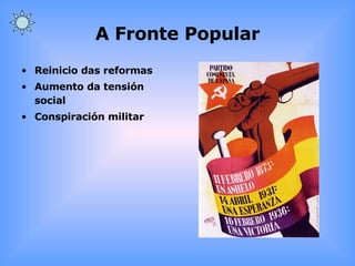 A Fronte Popular Reinicio das reformas Aumento da tensión social Conspiración militar 