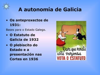 A autonomía de Galicia Os anteproxectos de 1931: Bases para o Estado Galego. O Estatuto de Galicia de 1932 O plebiscito do Estado e a presentación nas Cortes en 1936 