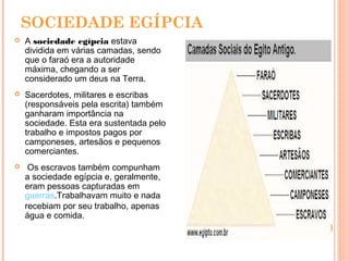 SOCIEDADE EGÍPCIA
 A sociedade egípcia estava
dividida em várias camadas, sendo
que o faraó era a autoridade
máxima, chegando a ser
considerado um deus na Terra.
 Sacerdotes, militares e escribas
(responsáveis pela escrita) também
ganharam importância na
sociedade. Esta era sustentada pelo
trabalho e impostos pagos por
camponeses, artesãos e pequenos
comerciantes.
 Os escravos também compunham
a sociedade egípcia e, geralmente,
eram pessoas capturadas em
guerras.Trabalhavam muito e nada
recebiam por seu trabalho, apenas
água e comida.
 