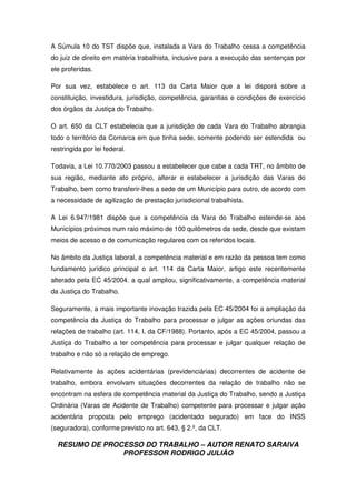 RESUMO DE PROCESSO DO TRABALHO – AUTOR RENATO SARAIVA
PROFESSOR RODRIGO JULIÃO
A Súmula 10 do TST dispõe que, instalada a Vara do Trabalho cessa a competência
do juiz de direito em matéria trabalhista, inclusive para a execução das sentenças por
ele proferidas.
Por sua vez, estabelece o art. 113 da Carta Maior que a lei disporá sobre a
constituição, investidura, jurisdição, competência, garantias e condições de exercício
dos órgãos da Justiça do Trabalho.
O art. 650 da CLT estabelecia que a jurisdição de cada Vara do Trabalho abrangia
todo o território da Comarca em que tinha sede, somente podendo ser estendida ou
restringida por lei federal.
Todavia, a Lei 10.770/2003 passou a estabelecer que cabe a cada TRT, no âmbito de
sua região, mediante ato próprio, alterar e estabelecer a jurisdição das Varas do
Trabalho, bem como transferir-lhes a sede de um Município para outro, de acordo com
a necessidade de agilização de prestação jurisdicional trabalhista.
A Lei 6.947/1981 dispõe que a competência da Vara do Trabalho estende-se aos
Municípios próximos num raio máximo de 100 quilômetros da sede, desde que existam
meios de acesso e de comunicação regulares com os referidos locais.
No âmbito da Justiça laboral, a competência material e em razão da pessoa tem como
fundamento jurídico principal o art. 114 da Carta Maior, artigo este recentemente
alterado pela EC 45/2004. a qual ampliou, significativamente, a competência material
da Justiça do Trabalho.
Seguramente, a mais importante inovação trazida pela EC 45/2004 foi a ampliação da
competência da Justiça do Trabalho para processar e julgar as ações oriundas das
relações de trabalho (art. 114, I, da CF/1988). Portanto, após a EC 45/2004, passou a
Justiça do Trabalho a ter competência para processar e julgar qualquer relação de
trabalho e não só a relação de emprego.
Relativamente às ações acidentárias (previdenciárias) decorrentes de acidente de
trabalho, embora envolvam situações decorrentes da relação de trabalho não se
encontram na esfera de competência material da Justiça do Trabalho, sendo a Justiça
Ordinária (Varas de Acidente de Trabalho) competente para processar e julgar ação
acidentária proposta pelo emprego (acidentado segurado) em face do INSS
(seguradora), conforme previsto no art. 643, § 2.º, da CLT.
 