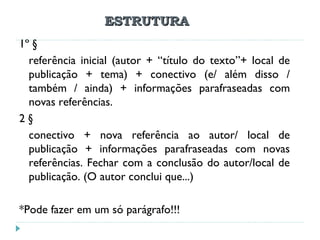 ESTRUTURAESTRUTURA
1º §
referência inicial (autor + “título do texto”+ local de
publicação + tema) + conectivo (e/ além disso /
também / ainda) + informações parafraseadas com
novas referências.
2 §
conectivo + nova referência ao autor/ local de
publicação + informações parafraseadas com novas
referências. Fechar com a conclusão do autor/local de
publicação. (O autor conclui que...)
*Pode fazer em um só parágrafo!!!
 