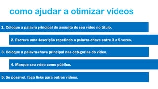 como ajudar a otimizar vídeos
1. Coloque a palavra principal do assunto do seu vídeo no título.
2. Escreva uma descrição repetindo a palavra-chave entre 3 a 5 vezes.
3. Coloque a palavra-chave principal nas categorias do vídeo.
4. Marque seu vídeo como público.
5. Se possível, faça links para outros vídeos.

 