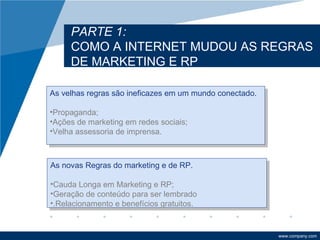 PARTE 1:
     COMO A INTERNET MUDOU AS REGRAS
     DE MARKETING E RP

As velhas regras são ineficazes em um mundo conectado.

•Propaganda;
•Ações de marketing em redes sociais;
•Velha assessoria de imprensa.



As novas Regras do marketing e de RP.

•Cauda Longa em Marketing e RP;
•Geração de conteúdo para ser lembrado
•.Relacionamento e benefícios gratuitos.


                                                         www.company.com
 