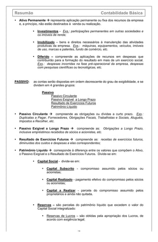 Resumão Contabilidade Básica
18
• Ativo Permanente à representa aplicação permanente ou fixa dos recursos da empresa
e, a princípio, não estão destinados à venda ou realização.
• Investimentos - Exs.: participações permanentes em outras sociedades e
os imóveis de renda;
• Imobilizado – bens e direitos necessários à manutenção das atividades
produtivas da empresa. Exs.: máquinas, equipamentos, veículos, imóveis
de uso, marcas e patentes, fundo de comércio, etc.
• Diferido – compreende as aplicações de recursos em despesas que
contribuirão para a formação do resultado em mais de um exercício social.
Exs.: despesas incorridas na fase pré-operacional da empresa, despesas
com pesquisas científicas ou tecnológicas, etc.
PASSIVO: as contas serão dispostas em ordem decrescente do grau de exigibilidade, e se
dividem em 4 grandes grupos:
Passivo
Passivo Circulante
Passivo Exigível a Longo Prazo
Resultado de Exercícios Futuros
Patrimônio Líquido
• Passivo Circulante à compreende as obrigações ou dívidas a curto prazo. Exs.:
Duplicatas a Pagar, Fornecedores, Obrigações Fiscais, Trabalhistas e Sociais, Aluguéis,
Impostos a Recolher, etc.
• Passivo Exigível a Longo Prazo à compreende as: Obrigações a Longo Prazo,
inclusive empréstimos recebidos de sócios e acionistas, etc.
• Resultado de Exercícios Futuros à compreende as: receitas de exercícios futuros,
diminuídas dos custos e despesas a elas correspondentes;
• Patrimônio Líquido à corresponde à diferença entre os valores que compõem o Ativo,
o Passivo Exigível e o Resultado de Exercícios Futuros. Divide-se em:
• Capital Social - divide-se em:
• Capital Subscrito - compromisso assumido pelos sócios ou
acionistas;
• Capital Realizado - pagamento efetivo do compromisso pelos sócios
ou acionistas;
• Capital a Realizar - parcela do compromisso assumido pelos
proprietários e ainda não quitada.
• Reservas – são parcelas do patrimônio líquido que excedem o valor do
Capital Social integralizado:
• Reservas de Lucros – são obtidas pela apropriação dos Lucros, de
acordo com exigência legal;
 