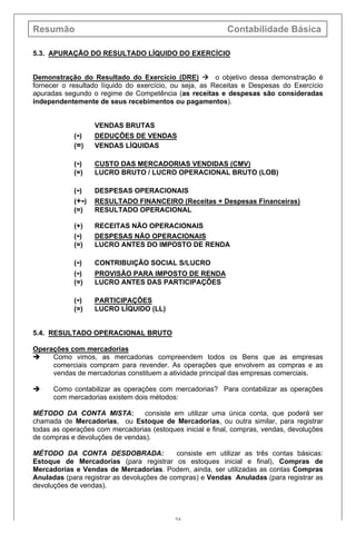 Resumão Contabilidade Básica
24
5.3. APURAÇÃO DO RESULTADO LÍQUIDO DO EXERCÍCIO
Demonstração do Resultado do Exercício (DRE) à o objetivo dessa demonstração é
fornecer o resultado líquido do exercício, ou seja, as Receitas e Despesas do Exercício
apuradas segundo o regime de Competência (as receitas e despesas são consideradas
independentemente de seus recebimentos ou pagamentos).
VENDAS BRUTAS
(-) DEDUÇÕES DE VENDAS
(=) VENDAS LÍQUIDAS
(-) CUSTO DAS MERCADORIAS VENDIDAS (CMV)
(=) LUCRO BRUTO / LUCRO OPERACIONAL BRUTO (LOB)
(-) DESPESAS OPERACIONAIS
(+-) RESULTADO FINANCEIRO (Receitas + Despesas Financeiras)
(=) RESULTADO OPERACIONAL
(+) RECEITAS NÃO OPERACIONAIS
(-) DESPESAS NÃO OPERACIONAIS
(=) LUCRO ANTES DO IMPOSTO DE RENDA
(-) CONTRIBUIÇÃO SOCIAL S/LUCRO
(-) PROVISÃO PARA IMPOSTO DE RENDA
(=) LUCRO ANTES DAS PARTICIPAÇÕES
(-) PARTICIPAÇÕES
(=) LUCRO LÍQUIDO (LL)
5.4. RESULTADO OPERACIONAL BRUTO
Operações com mercadorias
è Como vimos, as mercadorias compreendem todos os Bens que as empresas
comerciais compram para revender. As operações que envolvem as compras e as
vendas de mercadorias constituem a atividade principal das empresas comerciais.
è Como contabilizar as operações com mercadorias? Para contabilizar as operações
com mercadorias existem dois métodos:
MÉTODO DA CONTA MISTA: consiste em utilizar uma única conta, que poderá ser
chamada de Mercadorias, ou Estoque de Mercadorias, ou outra similar, para registrar
todas as operações com mercadorias (estoques inicial e final, compras, vendas, devoluções
de compras e devoluções de vendas).
MÉTODO DA CONTA DESDOBRADA: consiste em utilizar as três contas básicas:
Estoque de Mercadorias (para registrar os estoques inicial e final), Compras de
Mercadorias e Vendas de Mercadorias. Podem, ainda, ser utilizadas as contas Compras
Anuladas (para registrar as devoluções de compras) e Vendas Anuladas (para registrar as
devoluções de vendas).
 
