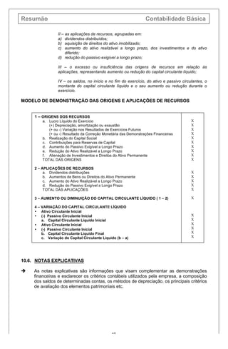 Resumão Contabilidade Básica
68
II – as aplicações de recursos, agrupadas em:
a) dividendos distribuídos;
b) aquisição de direitos do ativo imobilizado;
c) aumento do ativo realizável a longo prazo, dos investimentos e do ativo
diferido;
d) redução do passivo exigível a longo prazo;
III – o excesso ou insuficiência das origens de recursos em relação às
aplicações, representando aumento ou redução do capital circulante líquido;
IV – os saldos, no início e no fim do exercício, do ativo e passivo circulantes, o
montante do capital circulante líquido e o seu aumento ou redução durante o
exercício.
MODELO DE DEMONSTRAÇÃO DAS ORIGENS E APLICAÇÕES DE RECURSOS
10.6. NOTAS EXPLICATIVAS
è As notas explicativas são informações que visam complementar as demonstrações
financeiras e esclarecer os critérios contábeis utilizados pela empresa, a composição
dos saldos de determinadas contas, os métodos de depreciação, os principais critérios
de avaliação dos elementos patrimoniais etc.
1 – ORIGENS DOS RECURSOS
a. Lucro Líquido do Exercício
(+) Depreciação, amortização ou exaustão
(+ ou -) Variação nos Resultados de Exercícios Futuros
(+ ou -) Resultado da Correção Monetária das Demonstrações Financeiras
b. Realização do Capital Social
c. Contribuições para Reservas de Capital
d. Aumento do Passivo Exigível a Longo Prazo
e. Redução do Ativo Realizável a Longo Prazo
f. Alienação de Investimentos e Direitos do Ativo Permanente
TOTAL DAS ORIGENS
2 – APLICAÇÕES DE RECURSOS
a. Dividendos distribuições
b. Aumentos de Bens ou Direitos do Ativo Permanente
c. Aumento do Ativo Realizável a Longo Prazo
d. Redução do Passivo Exigível a Longo Prazo
TOTAL DAS APLICAÇÕES
3 – AUMENTO OU DIMINUIÇÃO DO CAPITAL CIRCULANTE LÍQUIDO ( 1 – 2)
4 – VARIAÇÃO DO CAPITAL CIRCULANTE LÍQUIDO
• Ativo Circulante Inicial
• (-) Passivo Circulante Inicial
a. Capital Circulante Líquido Inicial
• Ativo Circulante Inicial
• (-) Passivo Circulante Inicial
b. Capital Circulante Líquido Final
c. Variação do Capital Circulante Líquido (b – a)
X
X
X
X
X
X
X
X
X
X
X
X
X
X
X
X
X
X
X
X
X
X
 