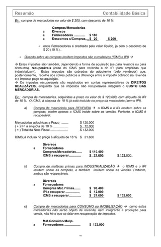Resumão Contabilidade Básica
70
Ex.: compra de mercadorias no valor de $ 200, com desconto de 10 %
Compras/Mercadorias
a Diversos
a Fornecedores ............. $ 180
a Descontos s/Compras,,,,$ 20 $ 200
§ onde Fornecedores é creditado pelo valor líquido, já com o desconto de
$ 20 (10 %) .
• Quando sobre as compras incidem Impostos não cumulativos (ICMS e IPI) à
à Estes impostos são também, dependendo a forma de aquisição (se para revenda ou para
consumo), recuperáveis (caso do ICMS para revenda e do IPI para empresas que
industrializam). Estes impostos são cobrados do adquirente (pelo vendedor) que,
posteriormente, recolhe aos cofres públicos a diferença entre o imposto cobrado na revenda
e o imposto pago na aquisição.
à Os impostos recuperáveis são registrados em contas representativas de DIREITOS
REALIZÁVEIS, enquanto que os impostos não recuperáveis integram o CUSTO DAS
MERCADORIAS.
Ex.: compra de mercadorias, adquiridas a prazo no valor de $ 120.000, com alíquota de IPI
de 10 %. O ICMS, à alíquota de 18 % já está incluído no preço da mercadoria (sem o IPI).
a) Compra de mercadoria para REVENDA à o ICMS e o IPI incidem sobre as
compras, porém apenas o ICMS incide sobre as vendas. Portanto, o ICMS é
recuperável.
Mercadorias adquiridas a Prazo ........ $ 120.000
( + ) IPI à alíquota de 10 % ................. $ 12.000
( = ) Total da Nota Fiscal .................... $ 132.000
ICMS já incluso no preço à alíquota de 18 % $ 21.600
Diversos
a Fornecedores
Compras/Mercadorias....... $ 110.400
ICMS a recuperar.............. $ 21.600 $ 132.000
b) Compra de matérias primas para INDUSTRIALIZAÇÃO à o ICMS e o IPI
incidem sobre as compras, e também incidem sobre as vendas. Portanto,
ambos são recuperáveis.
Diversos
a Fornecedores
Compras Mat.Primas....... $ 98.400
IPI a recuperar ................ $ 12.000
ICMS a recuperar.............. $ 21.600 $ 132.000
c) Compra de mercadorias para CONSUMO ou IMOBILIZAÇÃO à como estas
mercadorias não serão objeto de revenda, nem integrarão a produção para
venda, não há o que se falar em recuperação de impostos.
Mat.Consumo/Maqs.
a Fornecedores .................. $ 132.000
 